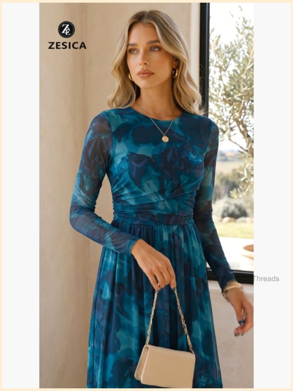 Long Sleeve Floral Print Mesh Ruched Maxi Dress Party Guest - Picture 7 of 7